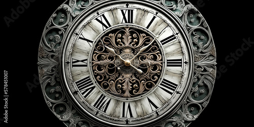 A smooth, round alarm clock, with a white face and delicate Roman numerals, stood still on a bedside table - generative ai.