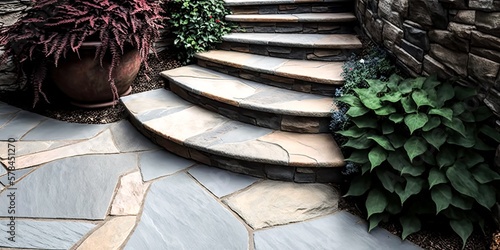 A meandering flagstone walkway winds its way up a staircase, providing a peaceful path through an outdoor patio. - generative ai photo