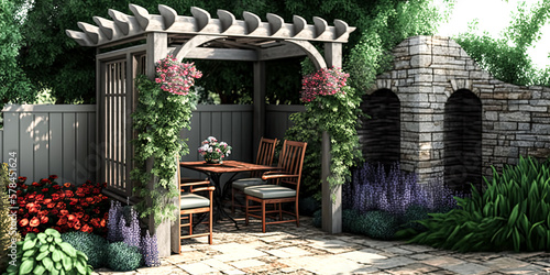 A lush garden is framed by an arbour of vibrant plants, while a flagstone patio provides a comfortable outdoor seating area - generative ai. photo