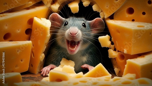 Cheesy rat eating cheese. Ai generated.