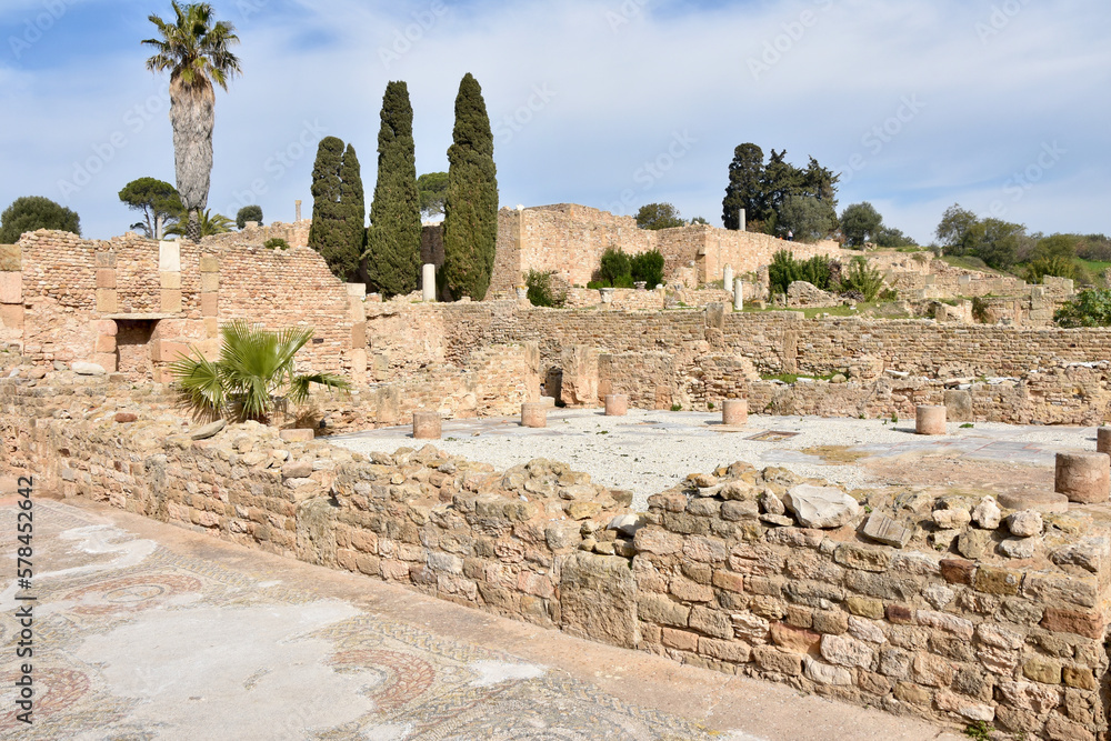 Ancient Roman Villa Foundations with Mosaic Flooring, Carthage Archeological Site