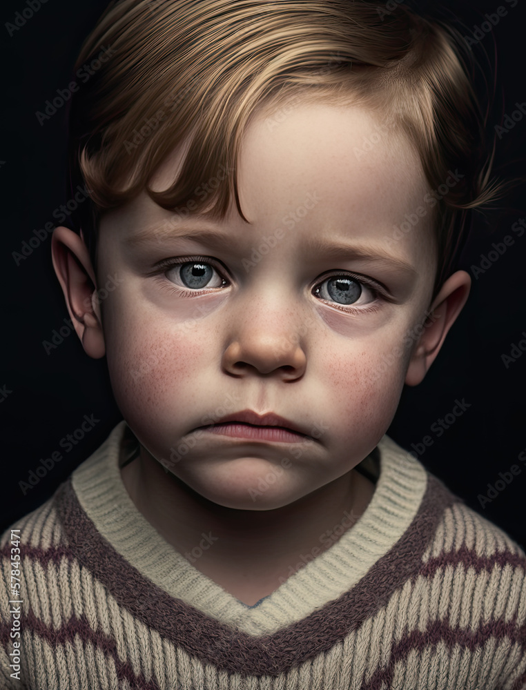 Toddler Portrait-Sad Expression-Dark Background-Generative AI Toddler Portrait-Sad Expression-Dark Background-Generative AI