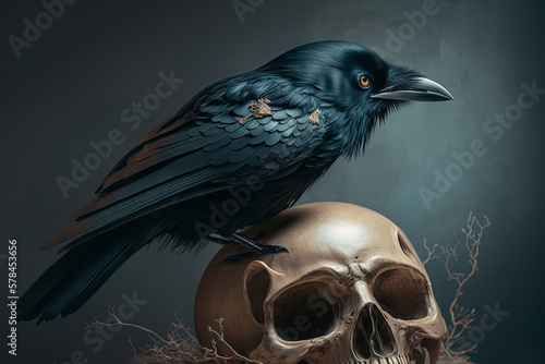 A black bird sitting on top of a skull. Crow. Death. Generative AI