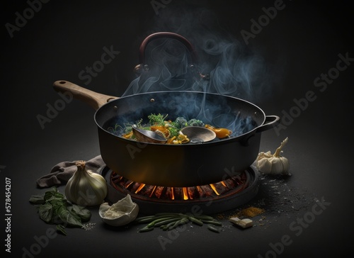 Stir fried vegetables on black background. Generative AI. 