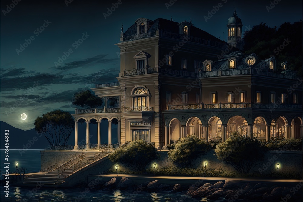 beautiful hotel on the background of the night beach in the style of classicism AI