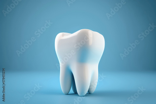 Close-up of a plastic model of a tooth on blue background. Generative AI