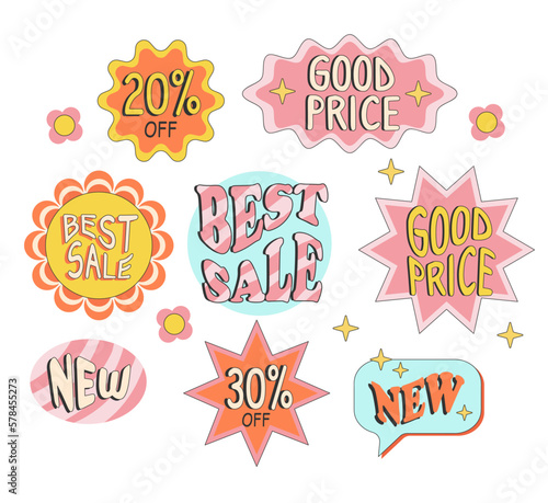 Colorful groovy sale sticker collection. Set of trendy retro cartoon label for store discount, online promotion or social media post.