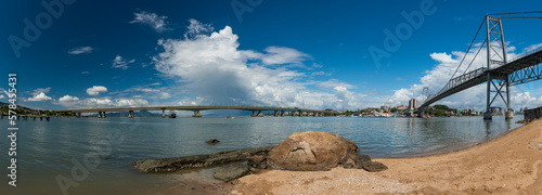 Panorama of Hercílio Luz Bridge in Florianopolis- Brazil, by day with blue sky