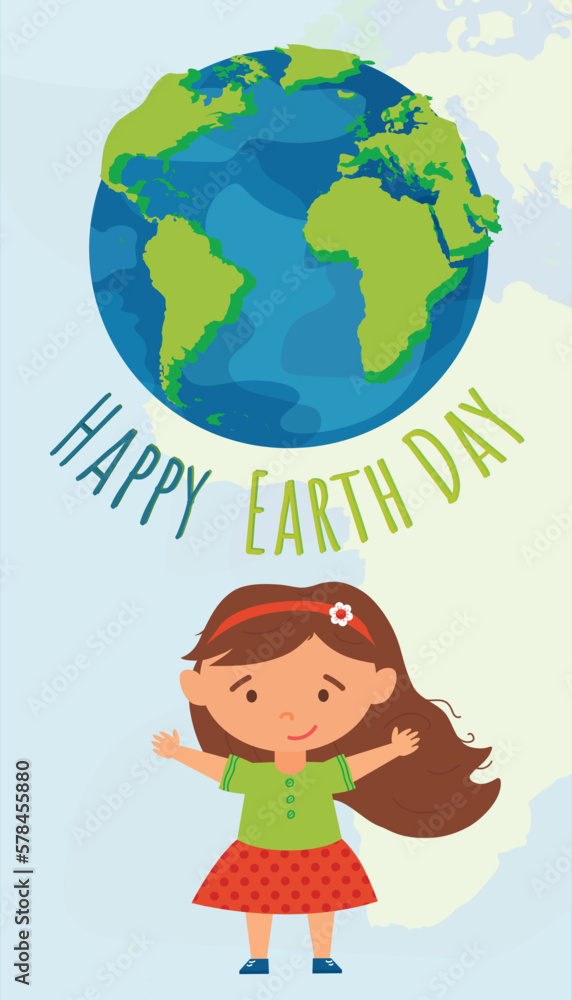 Earth Day greetings. Vector planet Earth, baby girl, and the inscription 