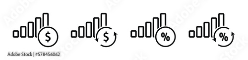 Statistics and analytics vector icon. Dollar symbol with revenue cycle icons. Vector currency circulate icon.