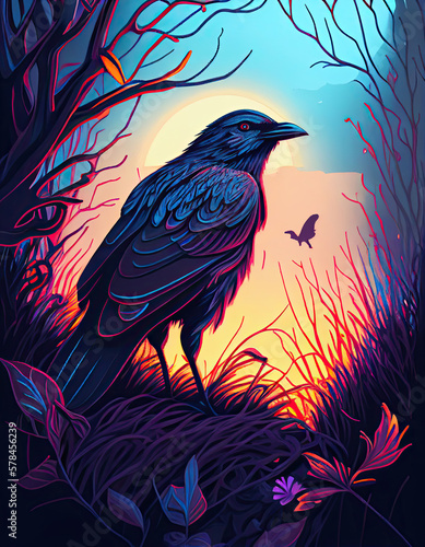 Vibrant Crow Illustration with Thick Lines for Multiple Use: Ideal for Album Covers, T-Shirts, Halloween and More -  Artwork with Vibrant Colors and Intricate Details. Generative AI © Art for Insomniacs