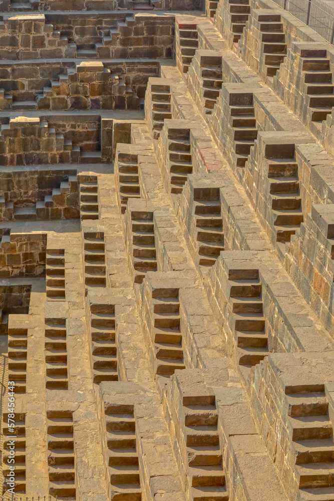A panorama view across the giant Ancient Chand Baori Stepwell of Abhaneri A panorama view across the giant Ancient Chand Baori Stepwell of Abhaneri