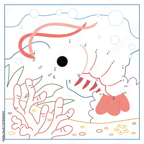 Numbers game, education dot to dot game for kids, Cute shrimp and undersea background