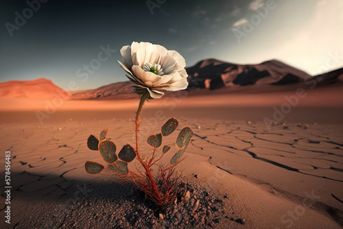One flower in a dried desert concept. Generative AI