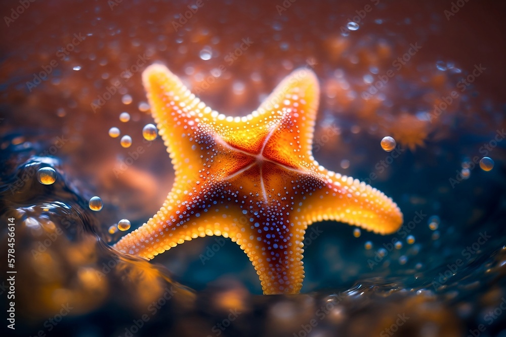 A vibrant glowing starfish in sea water. Sharp and detailed portrait of a starfish. Generative AI A vibrant glowing starfish in sea water. Sharp and detailed portrait of a starfish. Generative AI