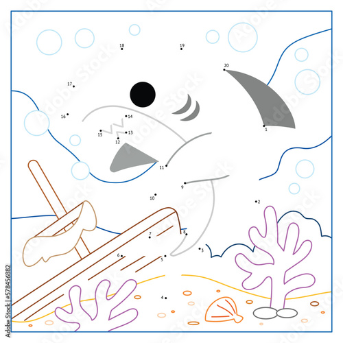 Numbers game, education dot to dot game for kids, Cute shark and sunken ship background