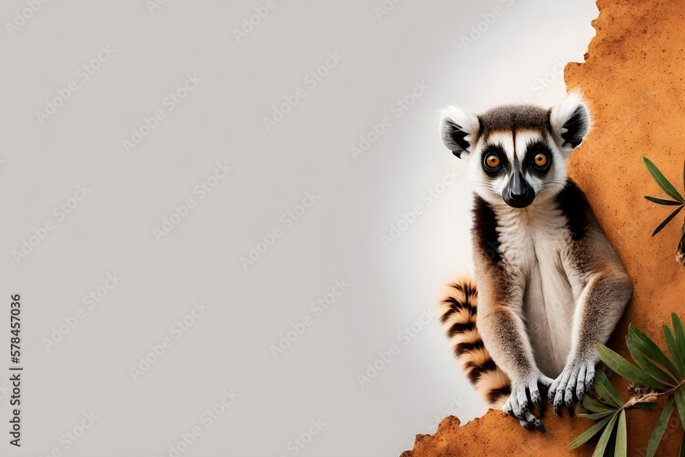 Background of a beautiful lemur. Wallpaper illustration. Front view with copy space for text information or content. Concept of tribute, celebration and greeting card, wild world. Generative AI.