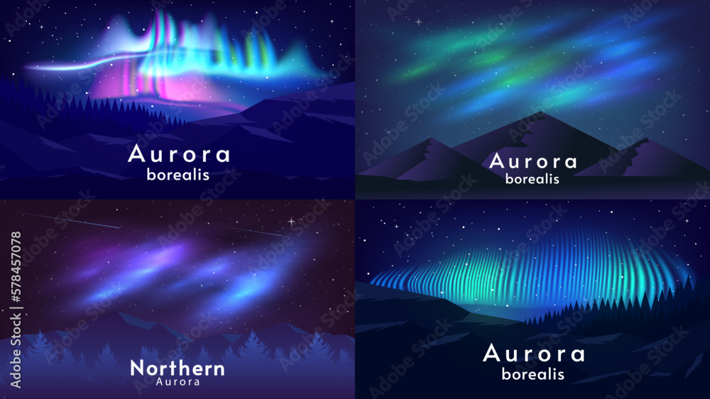 Set of horizontal aurora landscape. Night starry sky. Design for banner, wallpaper, cover, poster, postcard, invitation.  - obrazy, fototapety, plakaty 