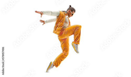 Realistic silhouette of a young hip-hop dancer, breake dancing man isolated on white background. photo