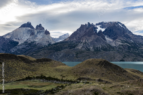 Impressive mountains and a lake with turquoise water at Torres del Paine National Park in Chile, Patagonia, South America