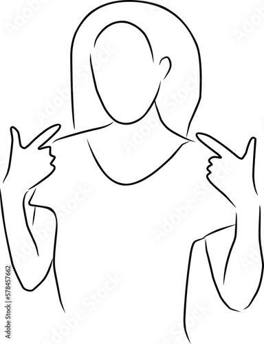 Woman pointing her fingers at herself, vector. Hand drawn sketch. Cheerful woman points her fingers at herself. photo