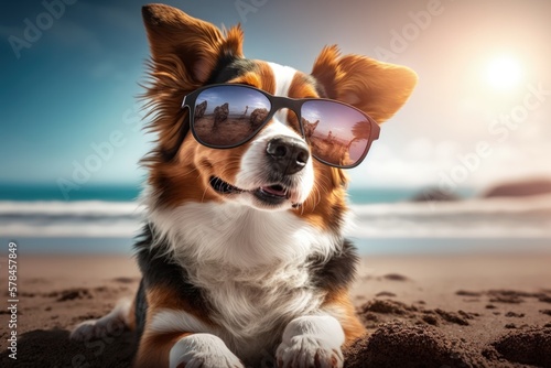 Dog wearing sunglasses on the beach, Generative AI  © Kaleb