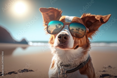 Dog wearing sunglasses on the beach, Generative AI  © Kaleb