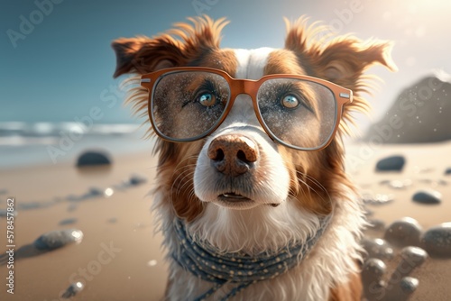 Dog wearing goggles on the beach, Generative AI © Kaleb