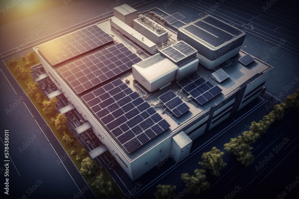 Factory with photovoltaic solar panel system on the roof, Generative AI
