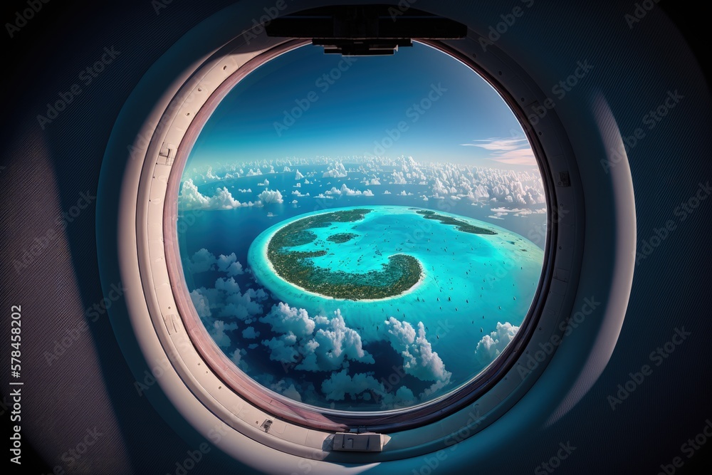 Airplane window close up, Looking at tropical island through airplane window, Generative AI Airplane window close up, Looking at tropical island through airplane window, Generative AI