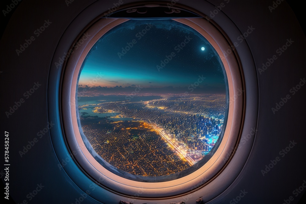 Airplane window close up, Looking at the city through the airplane window, Generative AI