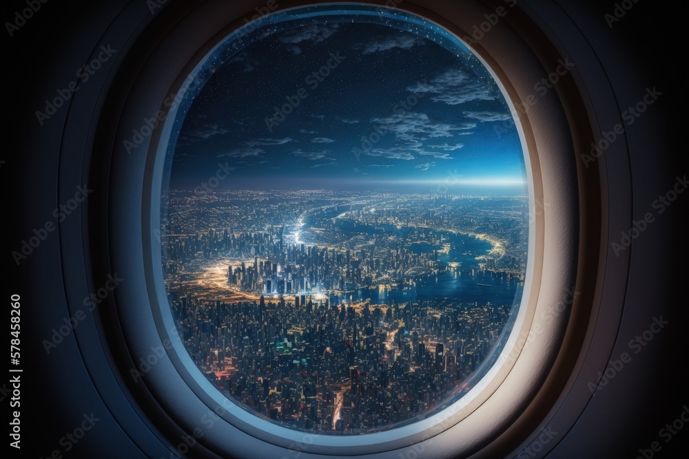 Airplane window close up, Looking at the city through the airplane window, Generative AI Airplane window close up, Looking at the city through the airplane window, Generative AI