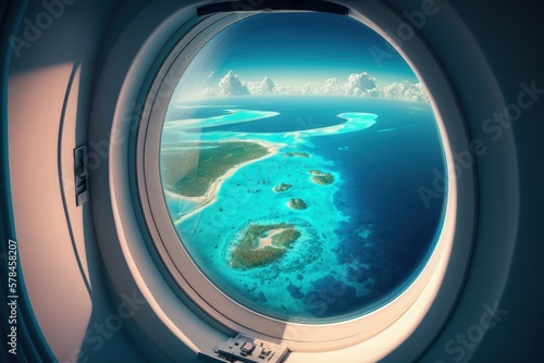 Airplane window close up, Looking at tropical island through airplane window, Generative AI