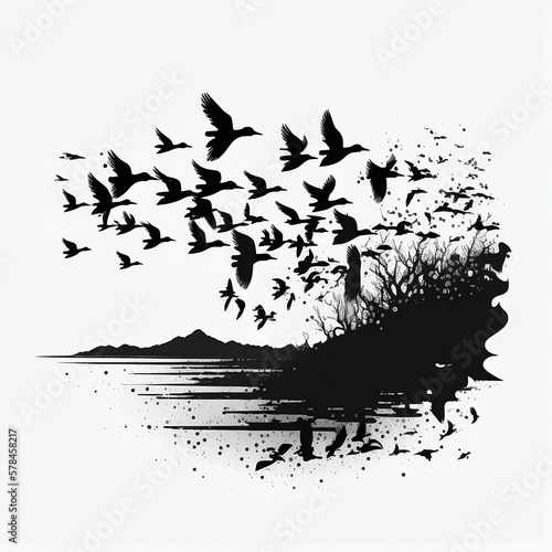 silhouettes of birds flying on the horizon