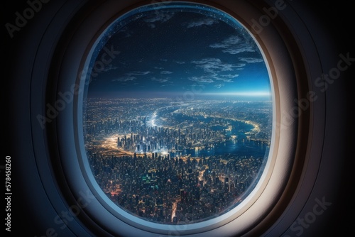 Airplane window close up, Looking at the city through the airplane window, Generative AI