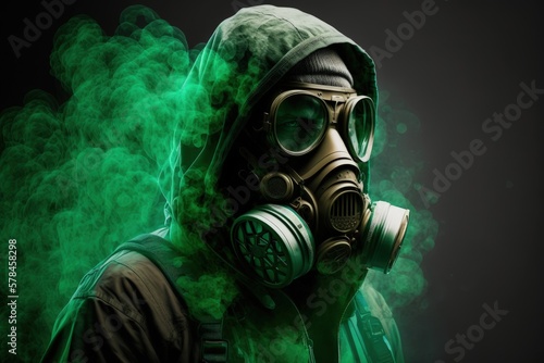 Man with gas mask and green toxic smoke, Generative AI © Kaleb
