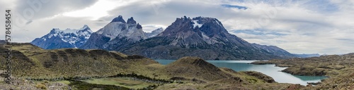 Impressive mountains and a lake with turquoise water at Torres del Paine National Park in Chile, Patagonia, South America - Panorama
