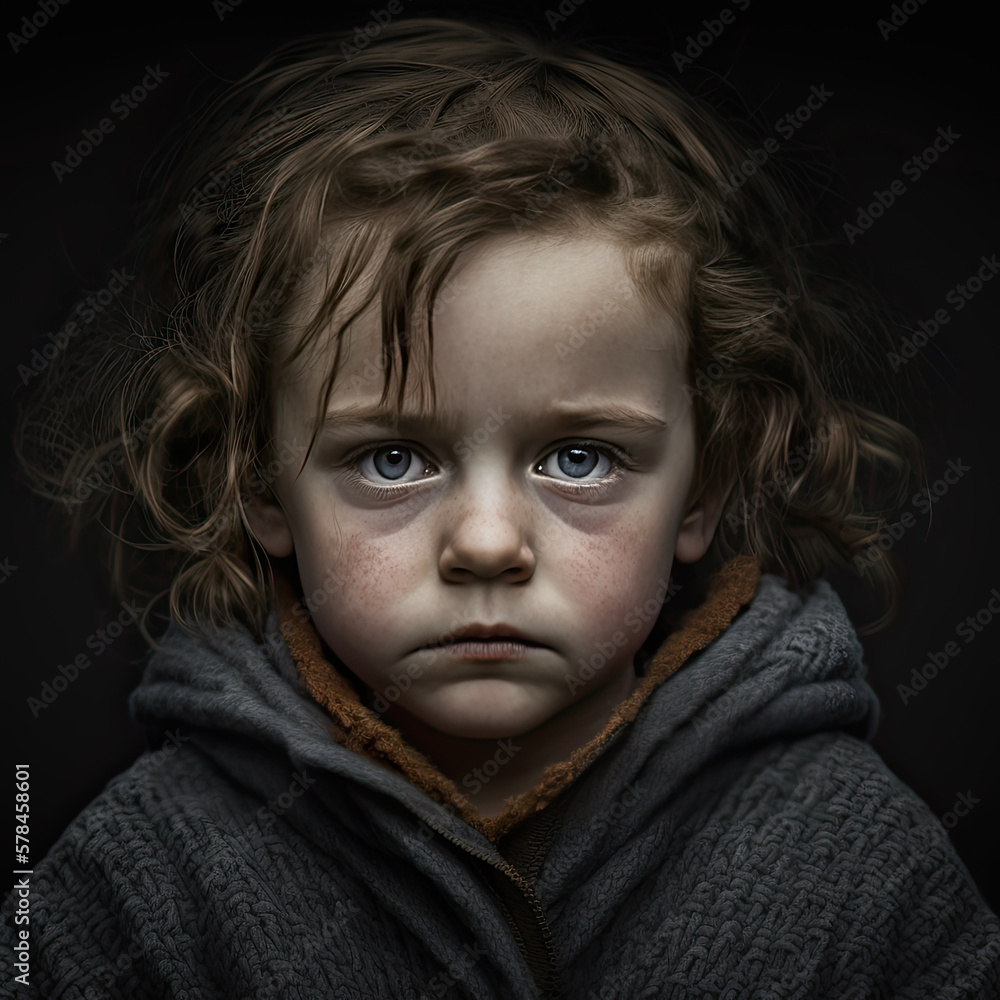 Toddler Boy Portrait-Sad Expression-Dark Background-Generative AI Toddler Boy Portrait-Sad Expression-Dark Background-Generative AI