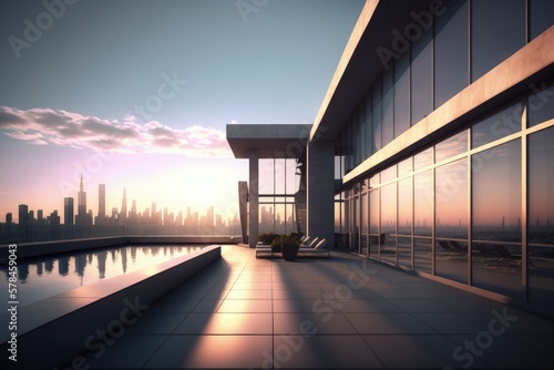 Luxury apartment terrace with pool and city view, luxury penthouse, Generative AI