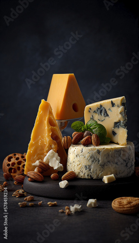 world cheese day Vertical shot of fancy ingredients: a wooden board filled with assorted international cheeses. Delicious cheese table ready for a catering. Ai generated.