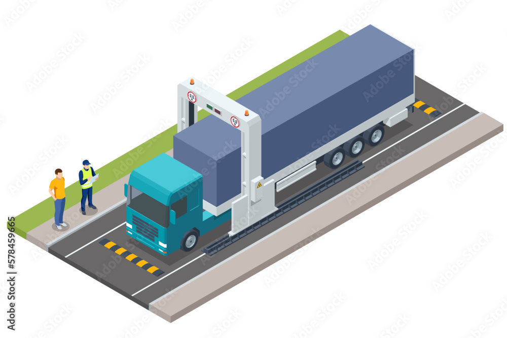 Isometric X-ray truck scanner. Mobile x-ray scanning system is used against smuggling. Customs control on border checkpoint. - obrazy, fototapety, plakaty 