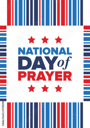 National Day of Prayer in United States. First Thursday of May. Annual day when Americans turn to God in prayer and meditation. Poster, card, banner and background. Vector illustration