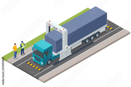 Isometric X-ray truck scanner. Mobile x-ray scanning system is used against smuggling. Customs control on border checkpoint.