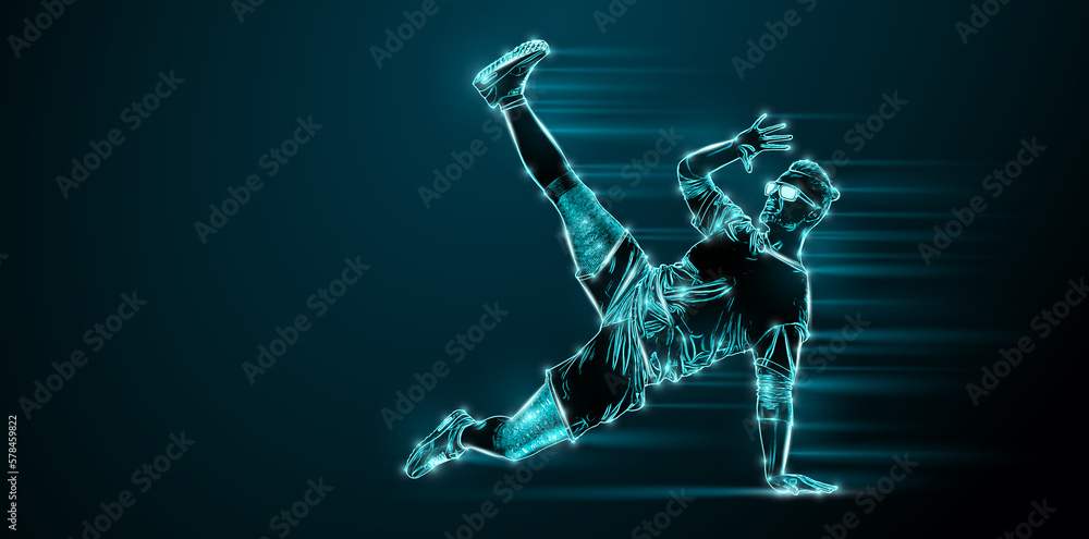 Abstract silhouette of a young hip-hop dancer, breake dancing man isolated on black background.
