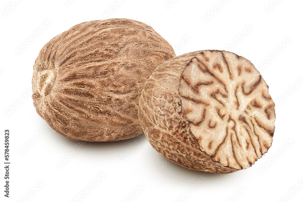 nutmeg half isolated on white background with full depth of field. Top view. Flat lay nutmeg half isolated on white background with full depth of field. Top view. Flat lay