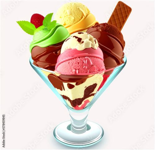 Vanilla Strawberry and Chocolate Sundae Dish Ice Cream Scoops with Wafer Stick in Sundae Cup or Glass Isolated on White Background - Post-processed Generative AI