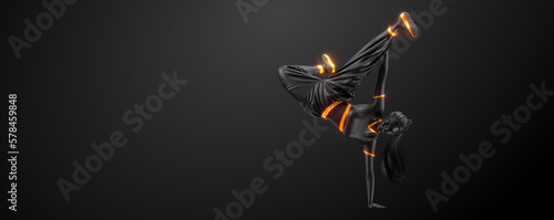 Abstract silhouette of a young hip-hop dancer, breake dancing woman isolated on black background.
