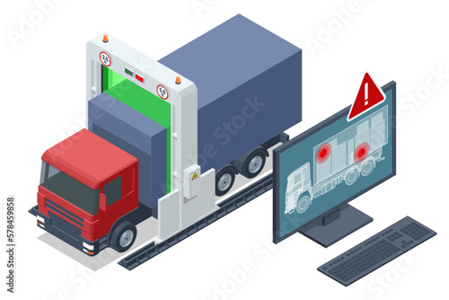 Isometric X-ray truck scanner. Mobile x-ray scanning system is used against smuggling. Customs control on border checkpoint.