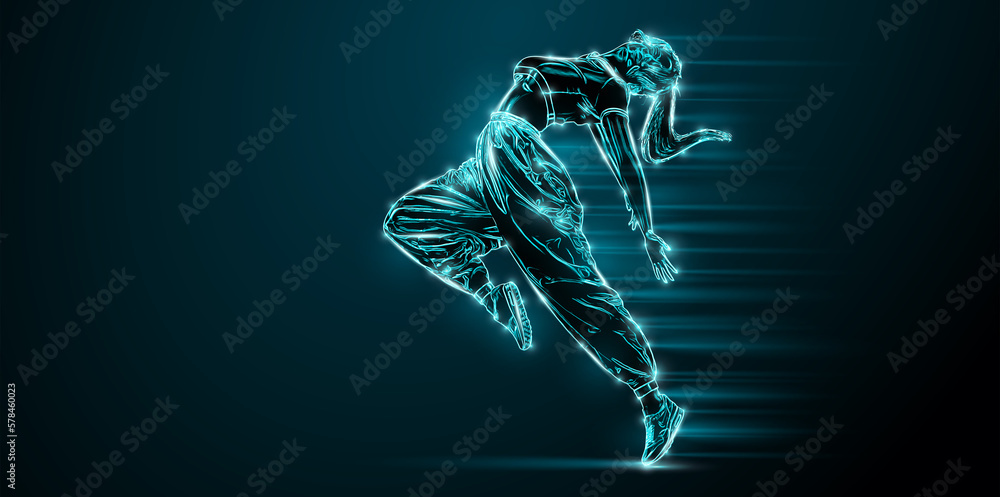 Abstract silhouette of a young hip-hop dancer, breake dancing woman isolated on black background.
