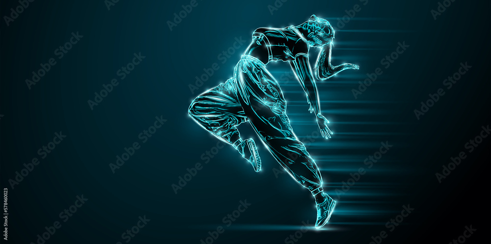 Fototapeta premium Abstract silhouette of a young hip-hop dancer, breake dancing woman isolated on black background.